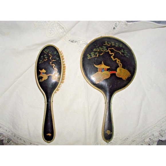 Antique Chinese Bakelite Black and Gold Large Hand Painted Mirror and Brush Set - Picture 12 of 12